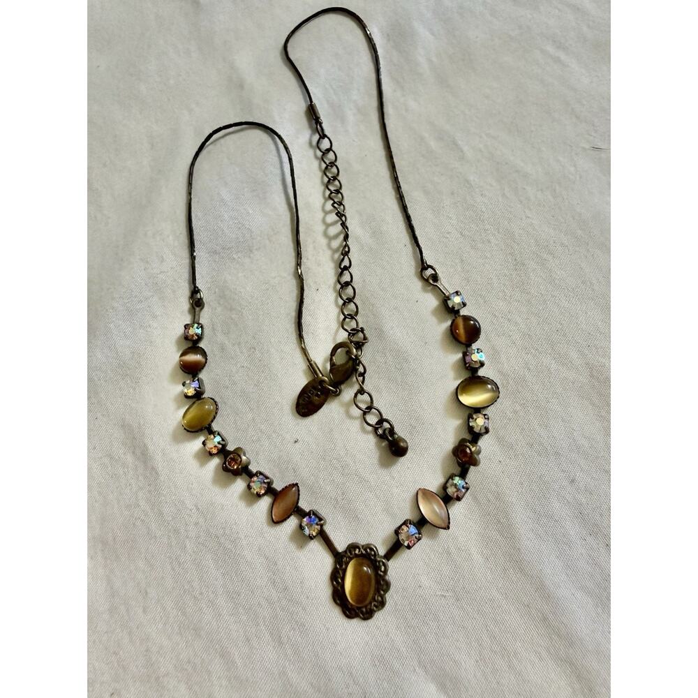 Lia Sophia Savannah Delicate Necklace Brown Faux Cat Eye Crystals Bronze Tone - Picture 2 of 4